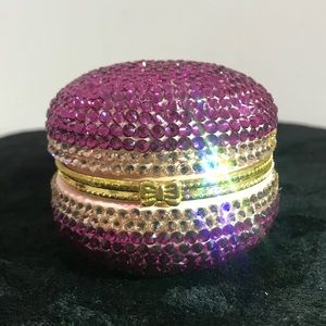 BNWT Pill Case /Trinket Box Ceramic Macaron Swarovski Crystals Dark Purple/Clear